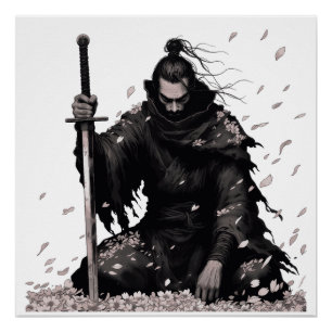 Poster Guerrier Samouraï Minimal Sombre avec Pétales de S