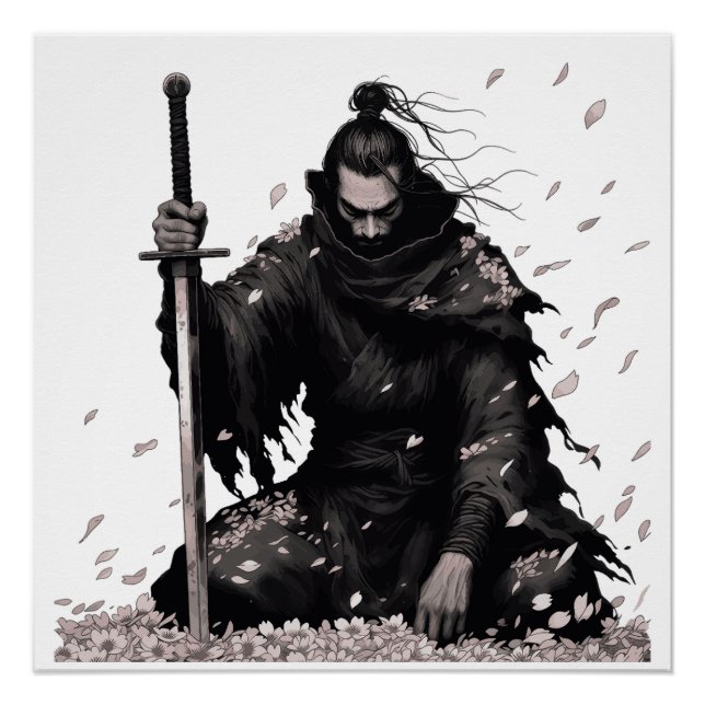Poster Guerrier Samouraï Minimal Sombre avec Pétales de S (Devant)