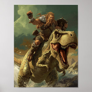 Poster Guerrier Viking Épique Chevauchant un T-Rex Rugiss