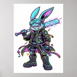 Poster Guerrière Cyberpunk Lapin Néon – Lapin Futuriste