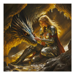 Poster Guerrière féminine dragon mignon fantasy