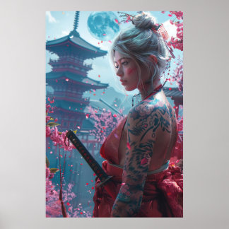 Poster Guerrière samouraï femme avec katana — culture jap