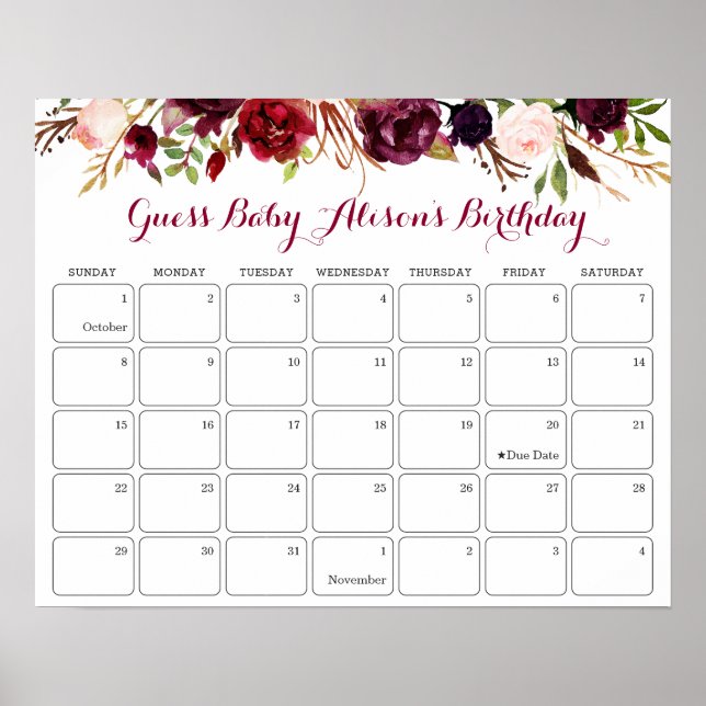 Poster Guess Baby shower d'anniversaire Bébé Bourgogne Fl (Devant)
