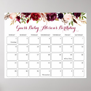Poster Guess Baby's Birthday Baby Shower Burgundy Floral
