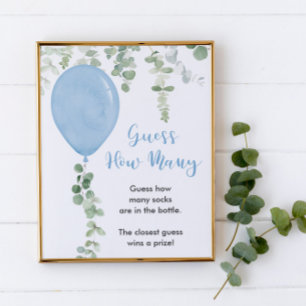 Poster Guess How Many game blue balloons greenery