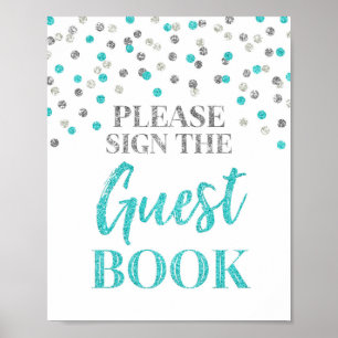 Poster Guest Book Wedding Sign Silver Blue Confetti