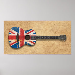 Poster Guitare acoustique du drapeau britannique vieilli 