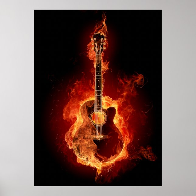 Poster Guitare acoustique en flammes (Devant)