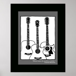 Poster guitare acoustique graphique en noir blanc