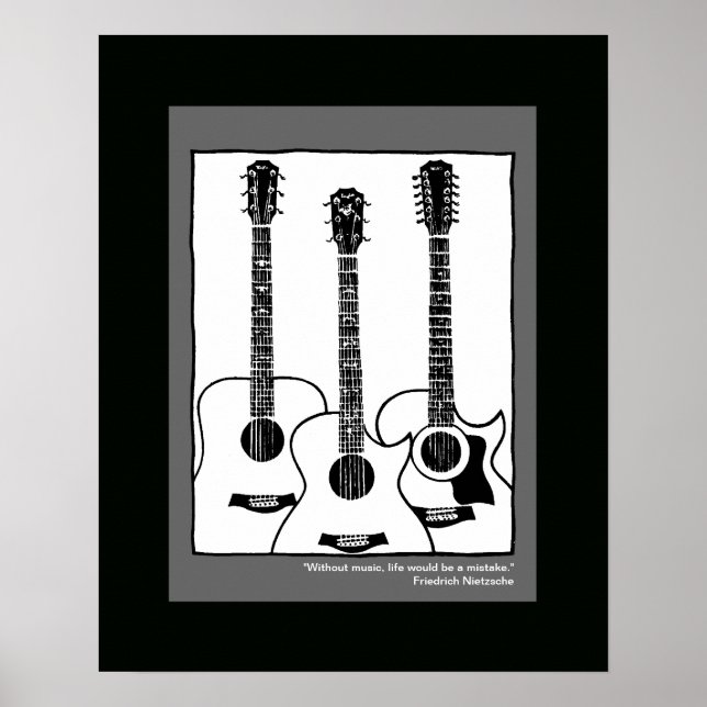 Poster guitare acoustique graphique en noir blanc (Devant)
