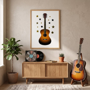 Poster Guitare Acoustique Sunburst Or Noir Étoiles Musiqu
