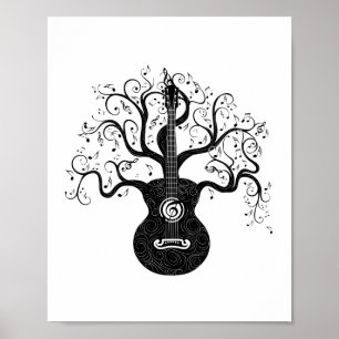 Poster Guitare arbre de vie et notes musicales