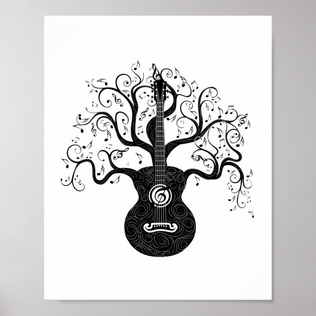 Poster Guitare arbre de vie et notes musicales (Devant)
