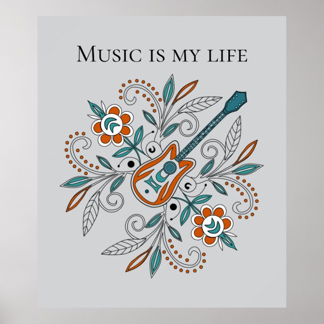 Poster Guitare Boho Rock’n’Roll avec fleurs (Devant)