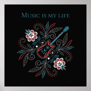 Poster Guitare Boho Rock’n’Roll avec fleurs