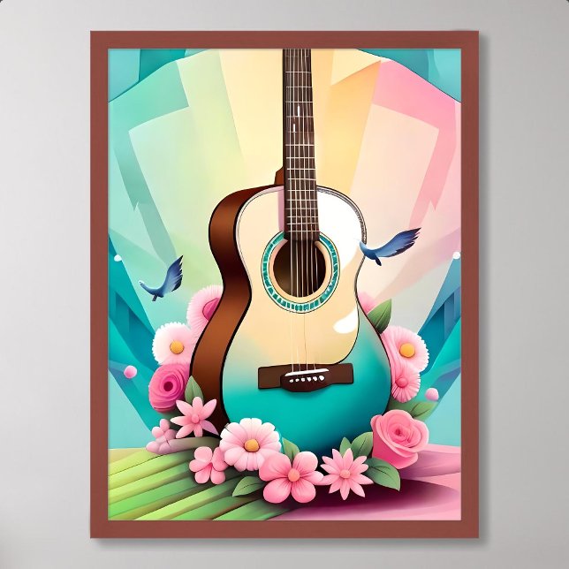 Poster guitare peinture acoustique couleur fleur rose ros (guitar painting acoustic colorful rose flower pink)