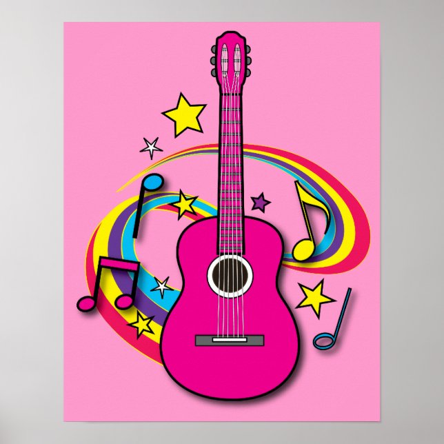 Poster Guitare rose avec musique et arc en ciel (Devant)