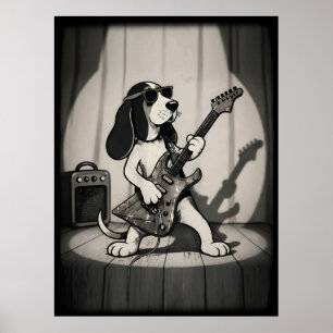 Poster Guitariste Basset Hound Rétro Rockstar Monochrome