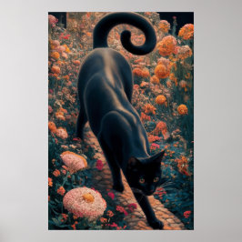 Poster Gustav Klimt Chat noir dans un jardin de fleurs, A