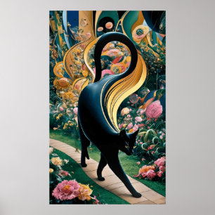 Poster Gustav Klimt Chat noir dans un jardin de fleurs, A