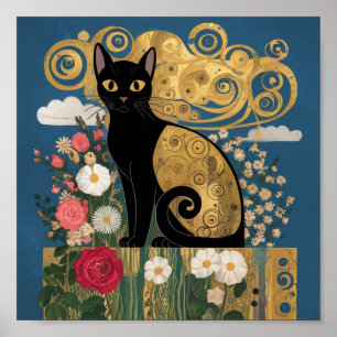 Poster Gustav Klimt Chat Noir Floral, Art Moderne Éclecti
