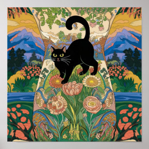 Poster Gustav Klimt Fleur Chat Noir Alteré Art Vintage