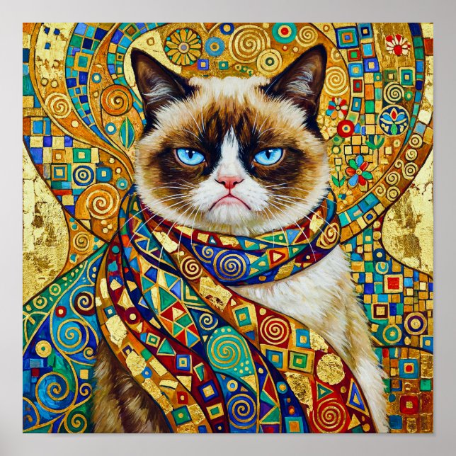 Poster Gustav Klimt Grumpy Cat aux yeux bleus (Devant)