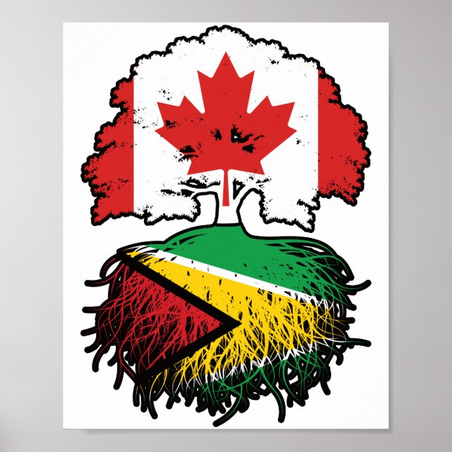 Poster Guyana Guyane Drapeau canadien des racines d'arbre (Devant)