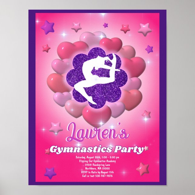 Poster Gymnastique Anniversaire Soirée rose violet Invita (Devant)
