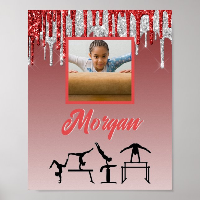 Poster Gymnastique Parties scintillant rouge et argent Dr (Devant)