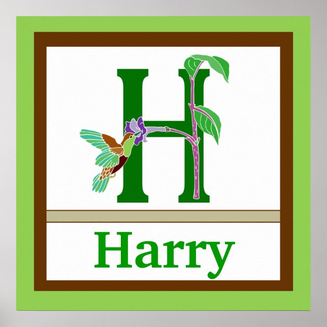 Poster H est pour Hummingbird & Boy Name Wall Art pour en (Devant)