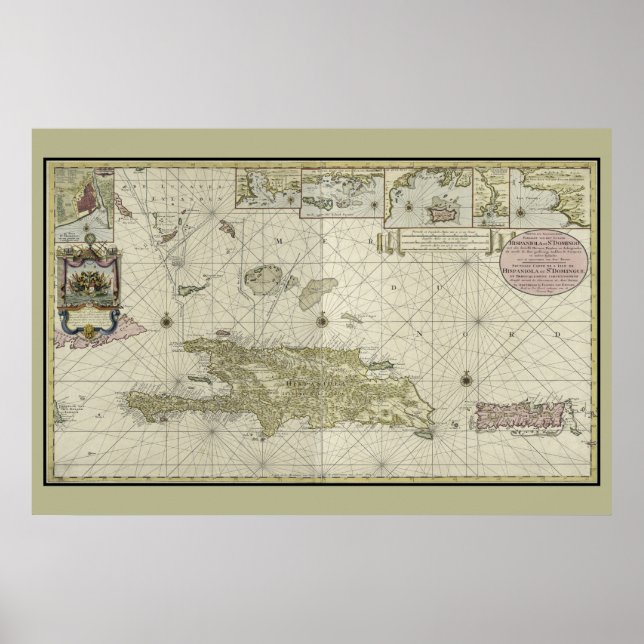 Poster Haïti et République Dominicaine 1720 Carte Graphiq (Devant)