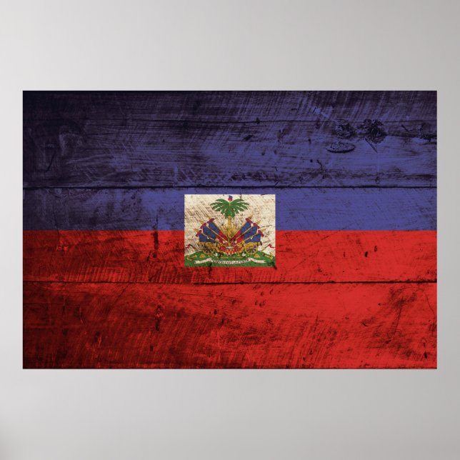 Poster Haïti Flag on Old Wood Grain (Devant)