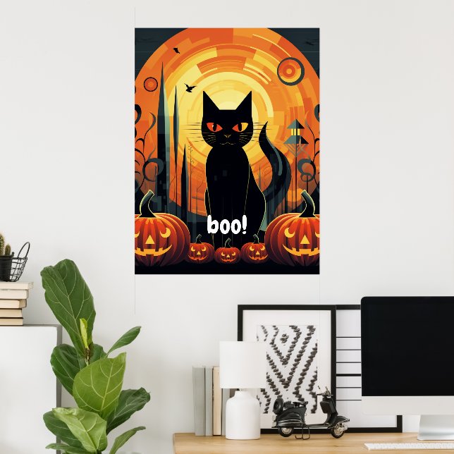 Poster Halloween Abstrait Chat noir et design Citrouille (Bureau à domicile)