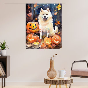 Poster Halloween Akita Américain Avec La Peur Citrouille