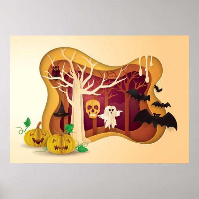 Poster Halloween Arbre Papercut Fantôme et crâne (Devant)
