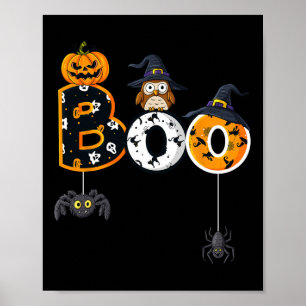 Poster Halloween Boo Owl Avec Sorcière Casquette Araignée