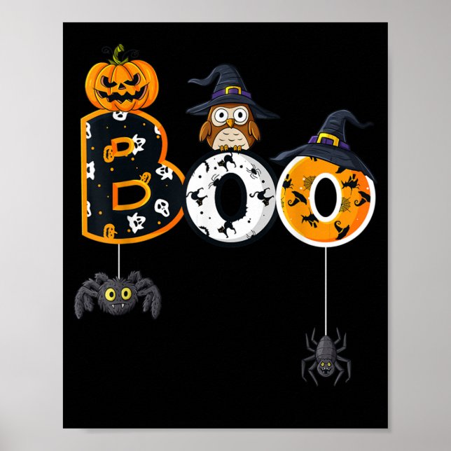 Poster Halloween Boo Owl avec sorcière Casquette araignée (Devant)