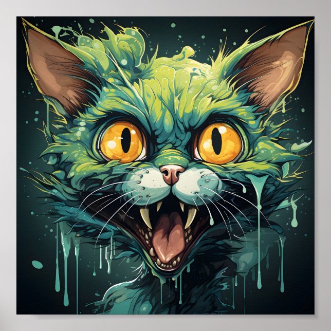 Poster Halloween Caricature effrayante Zombie vert chat (Devant)