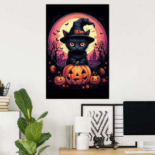 Poster Halloween CAT noir avec Citrouille et CASQUETTE de