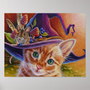 Poster Halloween Chat et souris n° 1 Aquarelle Art 11x14