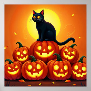 Poster Halloween chat noir mignon et lanternes Jack