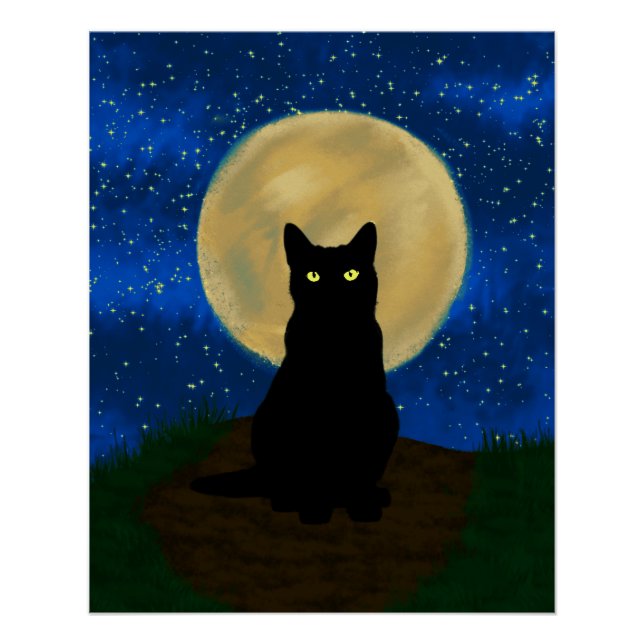 Poster Halloween Chat noir Silhouette Lune (Devant)