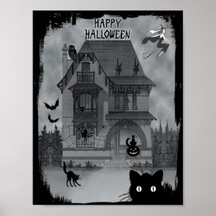Poster Halloween Chats Noirs sorcières et chauves-souris