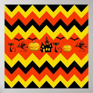 Poster Halloween Chevron Maison hantée Chat noir Motif