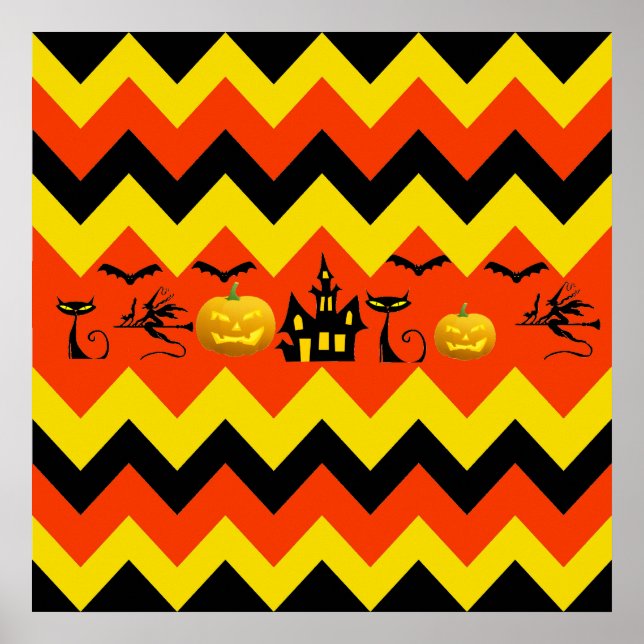 Poster Halloween Chevron Maison hantée Chat noir Motif (Devant)