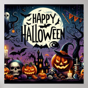 Poster Halloween Citrouilles de nuit, crânes et maison ha