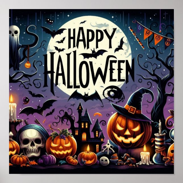 Poster Halloween Citrouilles de nuit, crânes et maison ha (Devant)