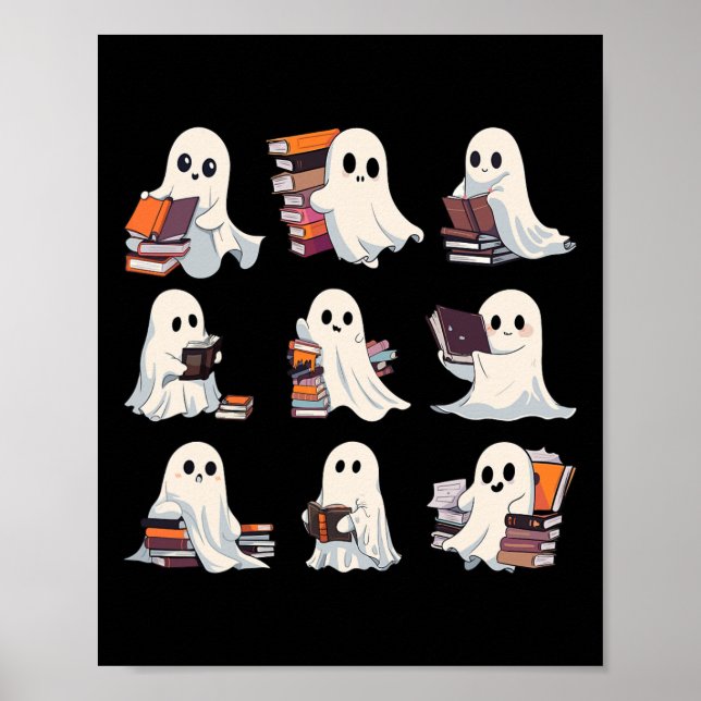 Poster Halloween Cute Ghost Lire plus Livres Éffrayant Bo (Devant)