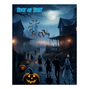 Poster Halloween effrayant, ville hantée, Trick or Treat